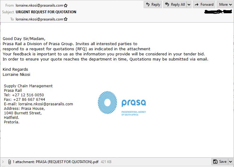 PRASA spoof email with RFQ attachment